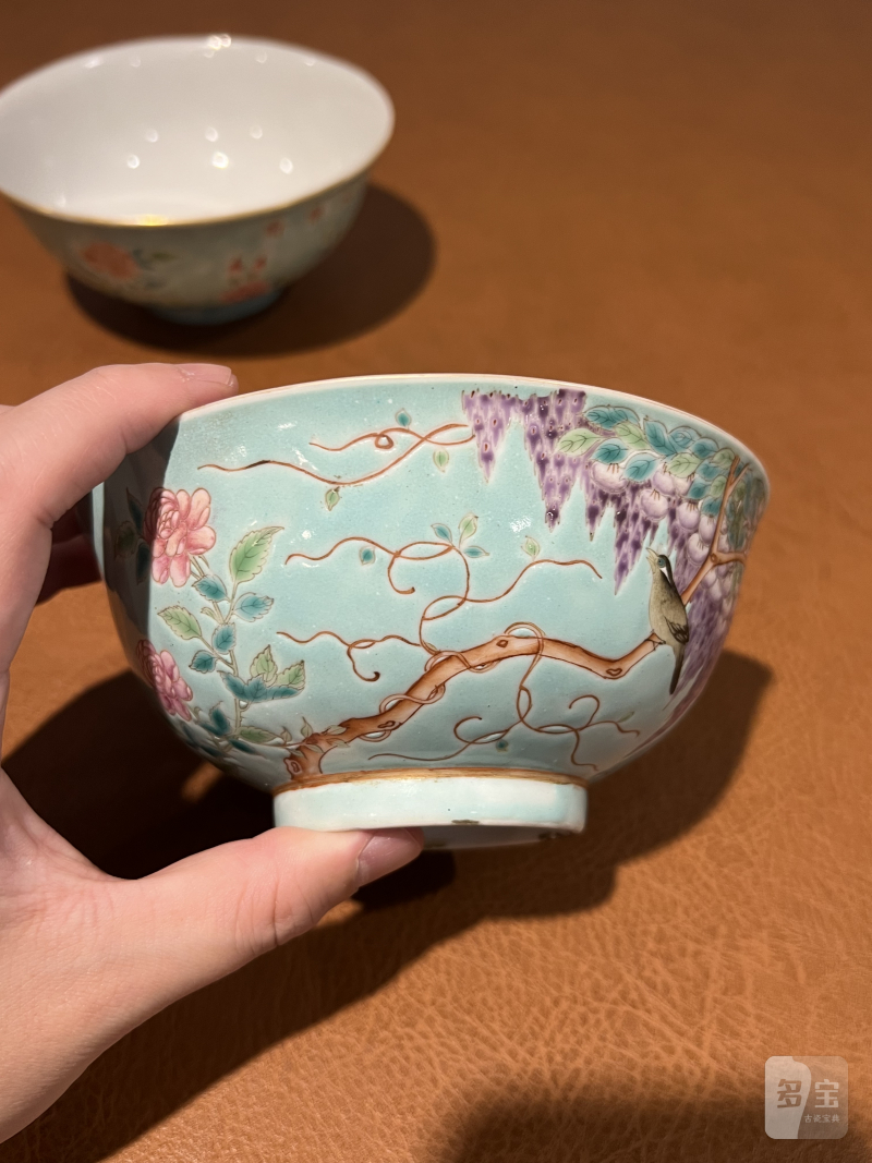 清光绪 松石绿地粉彩紫藤花鸟纹碗（一对） - 图13